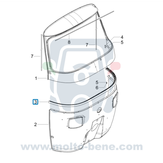 MB0393 Rubber voorzijde cabine Piaggio Ape Calessino 200 E4 B024474 Rubber front cabin Gummi kabine front Caoutchouc Cabine ava